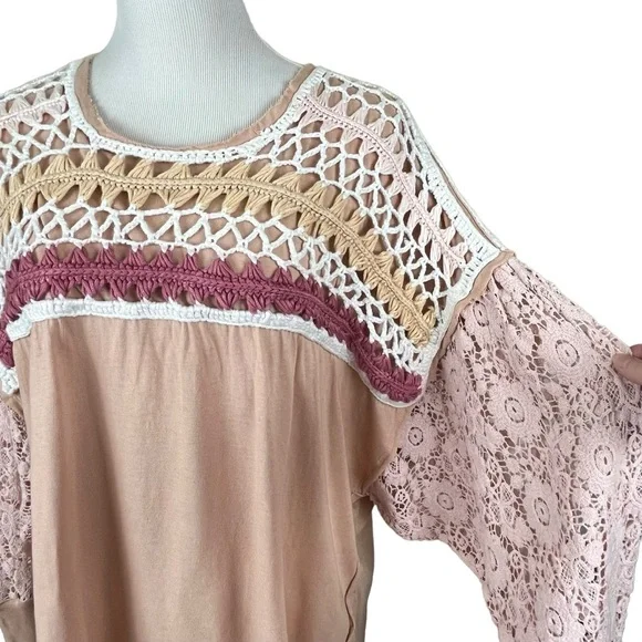 Free People High Hopes Cotton Crocheted-Yoke Lace-Sleeved Top Size Large - Picture 7 of 11